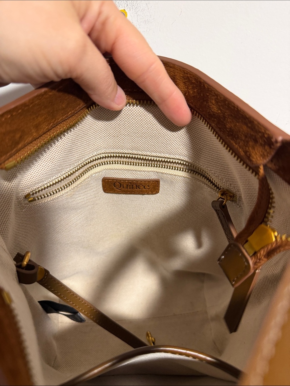 Quince Italian Suede Bucket Crossbody Bag in Color Whiskey - Picture 12 of 16
